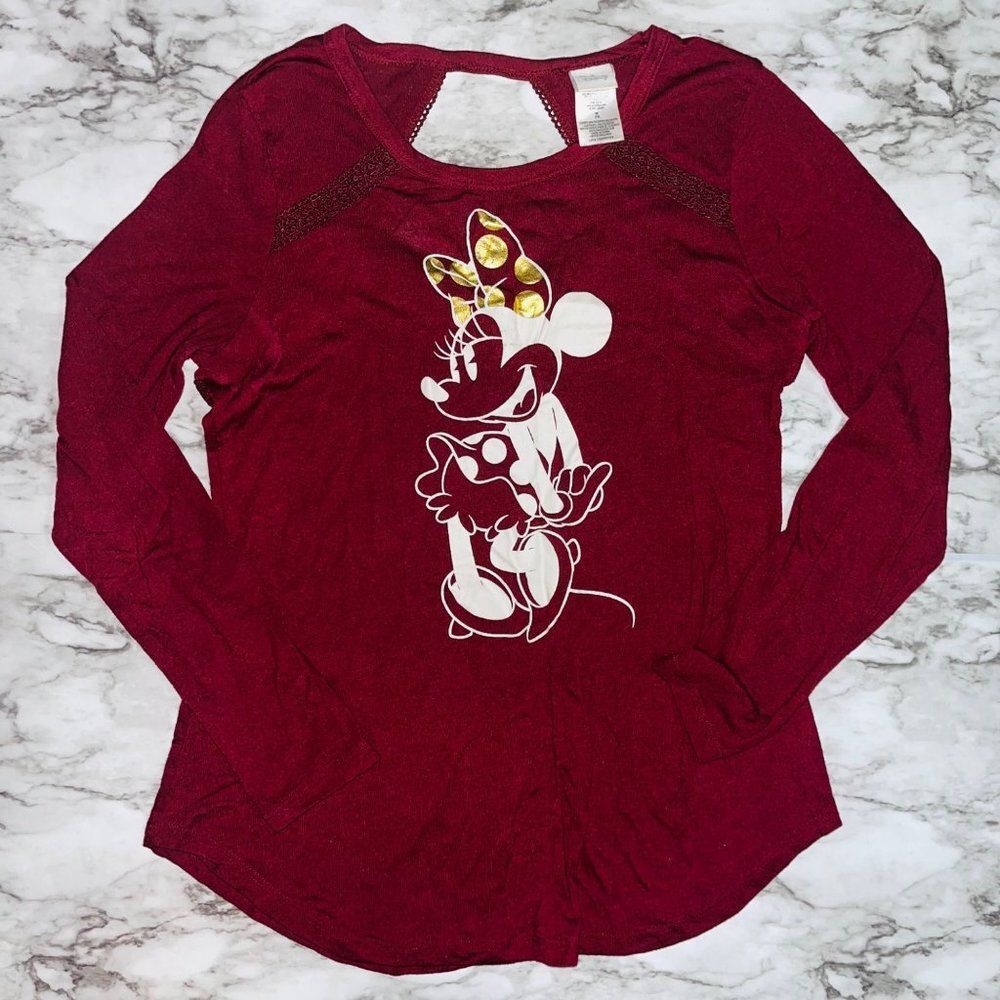 Disney Minnie Mouse Burgundy Long Sleeve Top Women Size Md Keyhole Lace Graphic